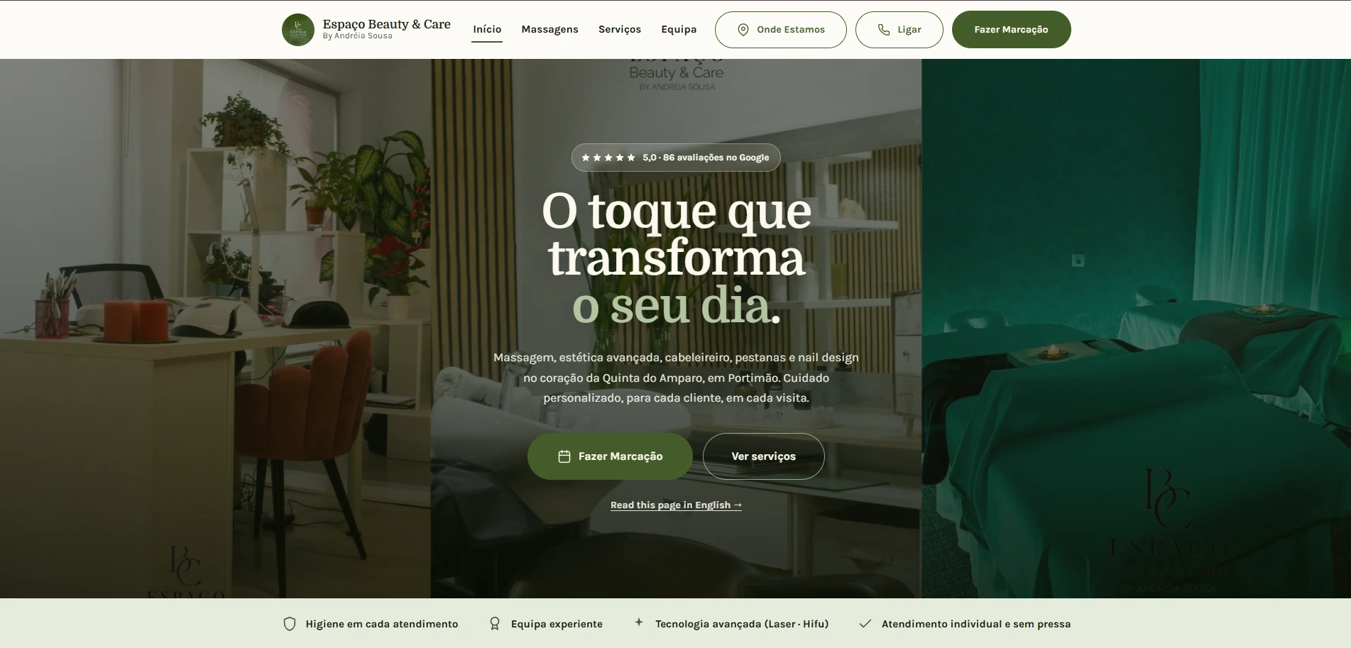 Página inicial do site do Espaço Beauty & Care, com o título "O toque que transforma o seu dia"