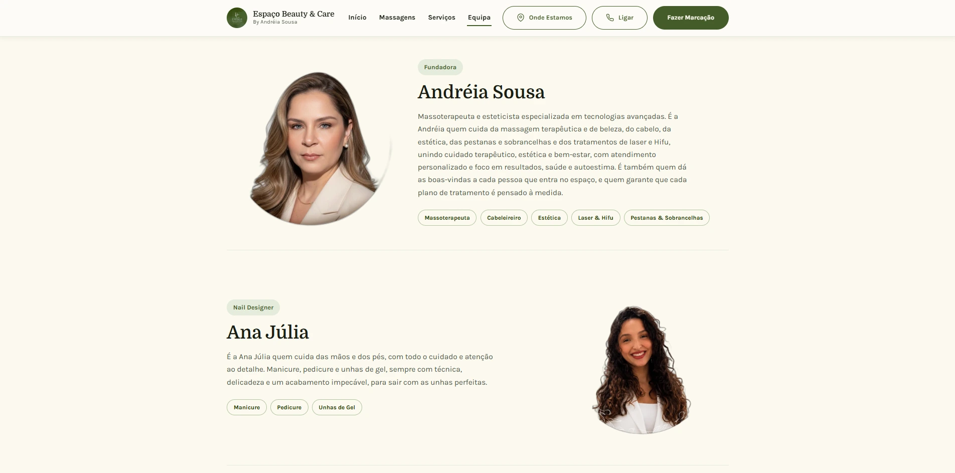 Página da equipa do site do Espaço Beauty & Care, com a fundadora Andréia Sousa e a equipa