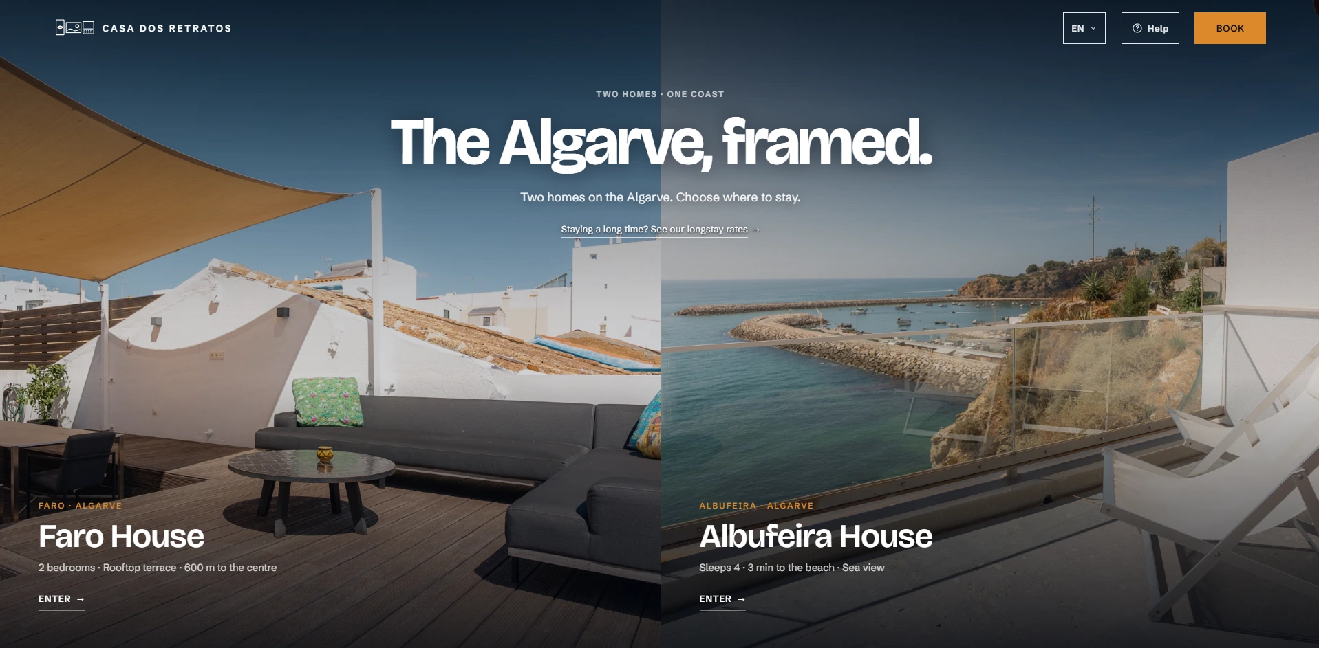 Página inicial do site da Casa dos Retratos, com o título "The Algarve, framed." e as duas casas, Faro House e Albufeira House