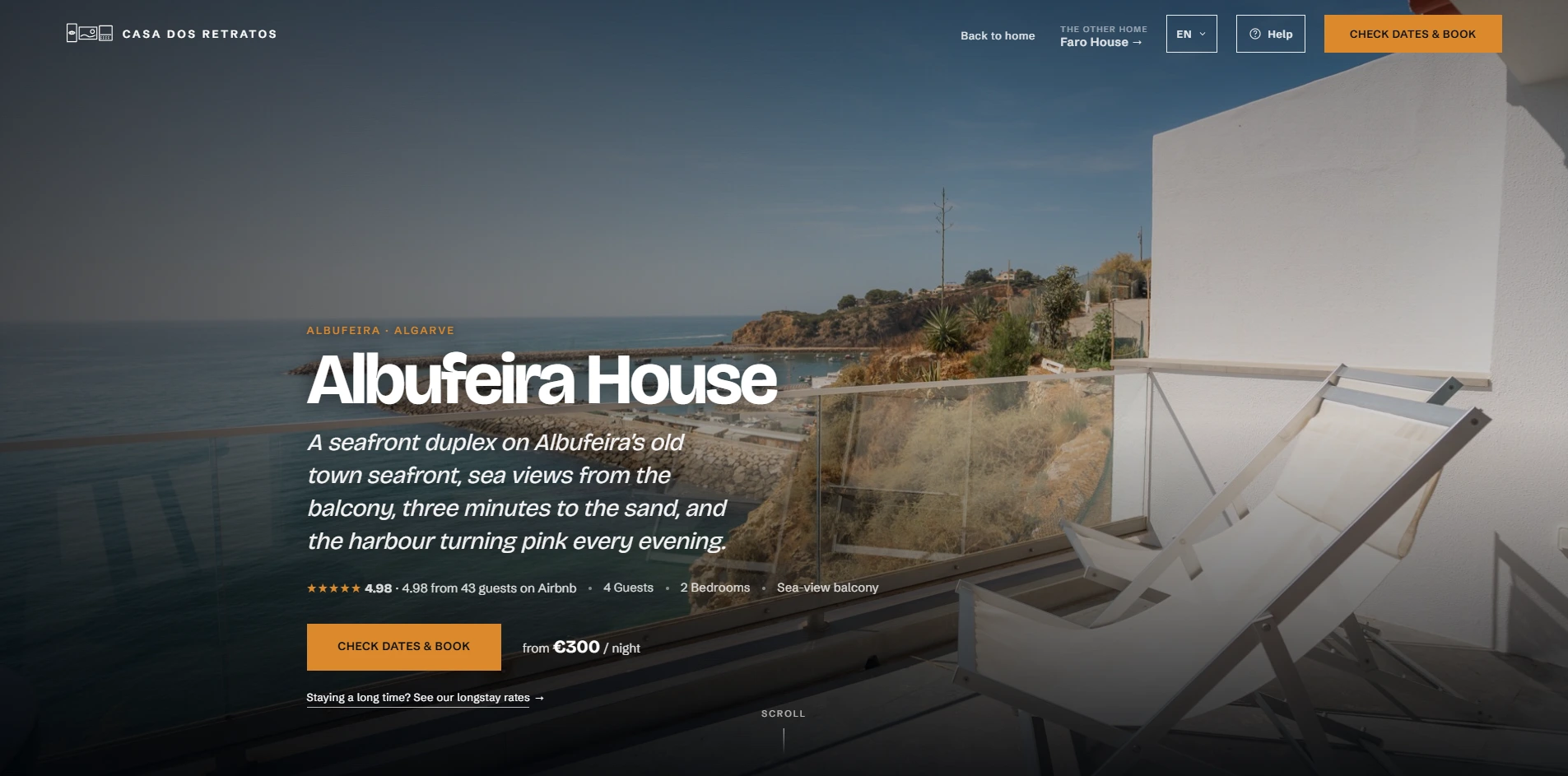 Página da Albufeira House no site da Casa dos Retratos, com a varanda virada para o mar