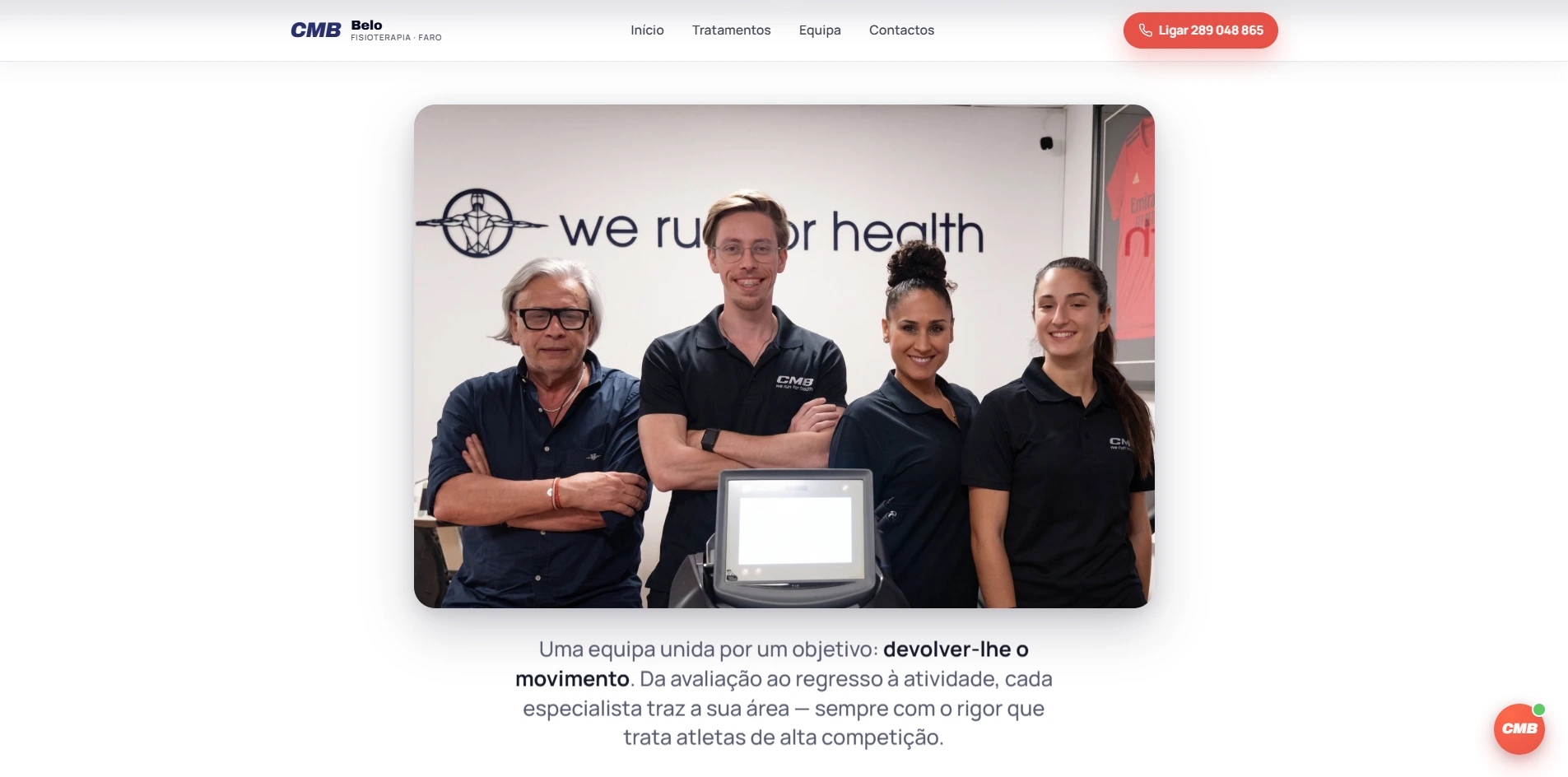 Página da equipa do site da CMB Belo Fisioterapia, com o agente de IA da Librio no canto inferior direito