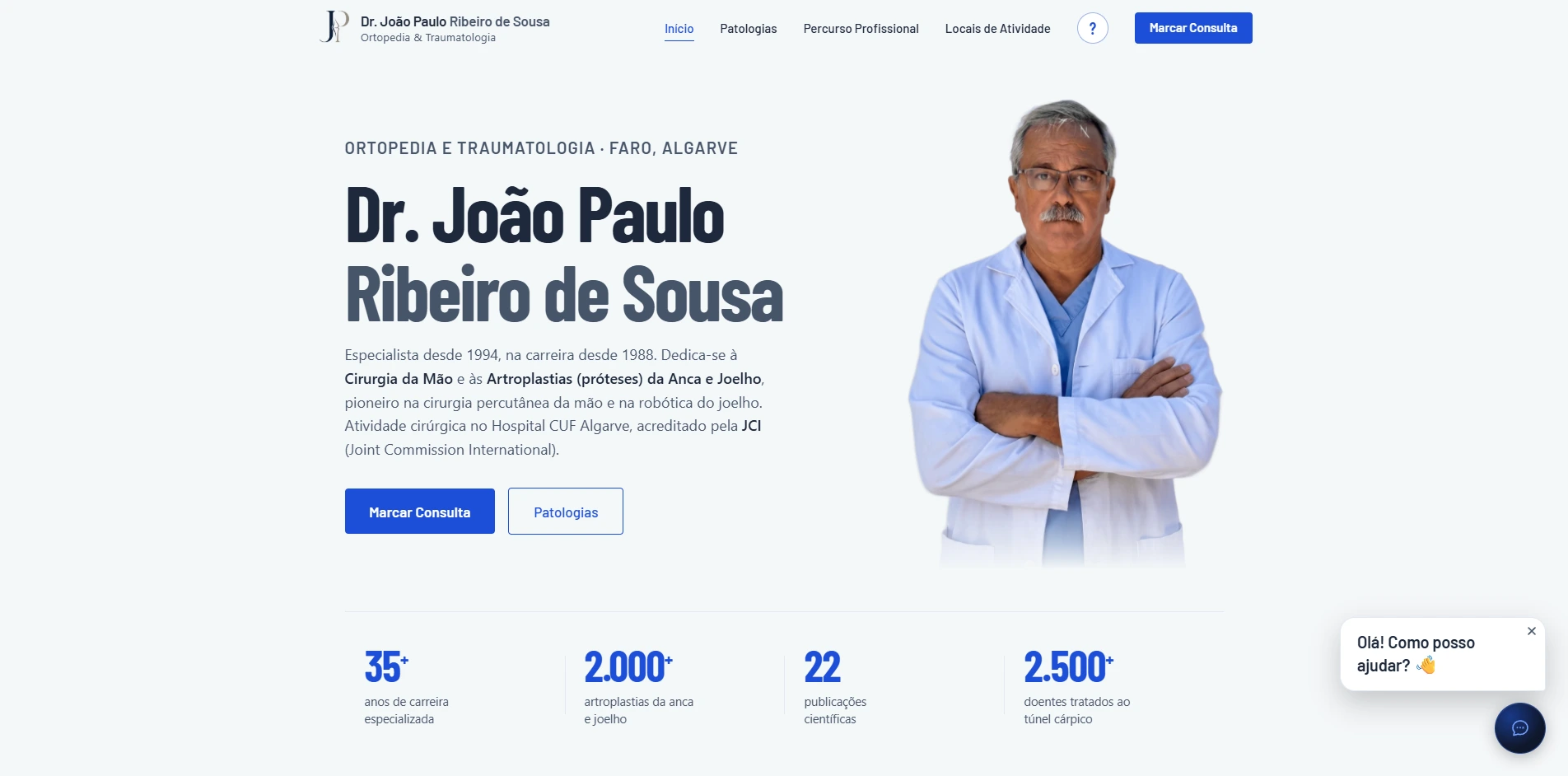Página inicial do site do Dr. João Paulo Ribeiro de Sousa, ortopedia e traumatologia em Faro, com o agente de IA da Librio no canto
