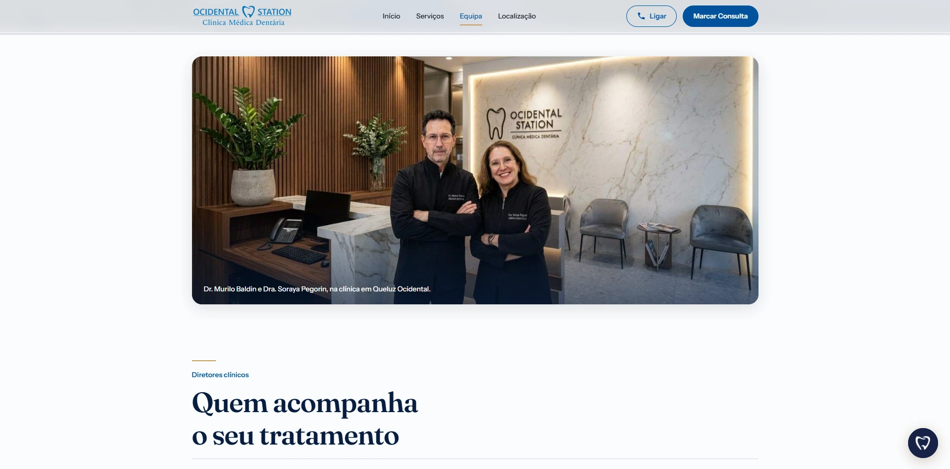 Página da equipa do site da Ocidental Station, com os diretores clínicos Dr. Murilo Baldin e Dra. Soraya Pegorin