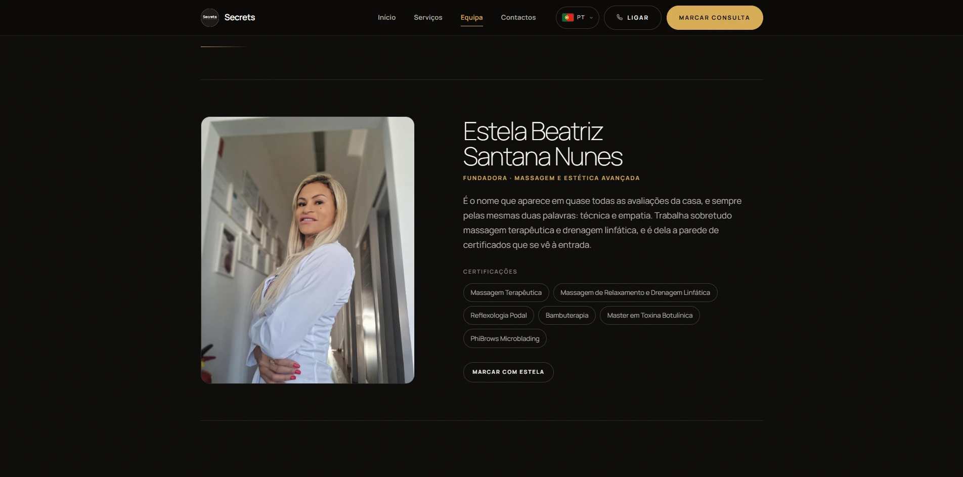 Página da equipa do site da Secrets, com a fundadora Estela Beatriz Santana Nunes e as suas certificações